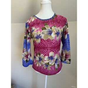 Havenbleu Y2k Medium Pink Floral Sequin Top 3/4 Sleeve Tropical Hibiscus Stretch